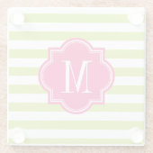 Grüne Kalkstreifen mit warmrosa Monogramm Glasuntersetzer (Rückseite)