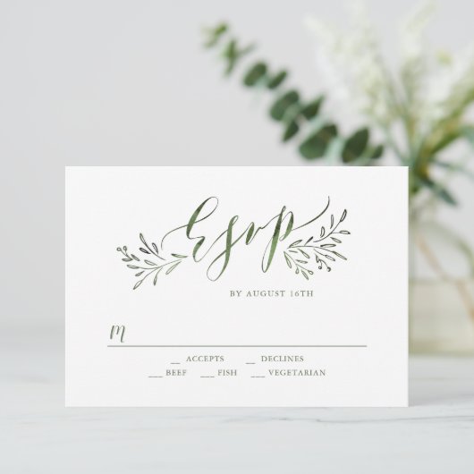 Grüne Kalligrafie rustikale Blumenhochzeit RSVP (Stehend Vorderseite)