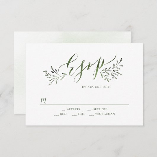 Grüne Kalligrafie rustikale Blumenhochzeit RSVP (Vorne/Hinten)