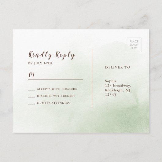 Grüne Kalligrafie rustikale Blumenhochzeit RSVP Einladungspostkarte (Rückseite)