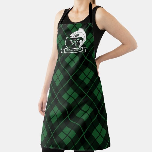 Grüne Karierte Fische und Haken Monogramm Schürze (InSitu)