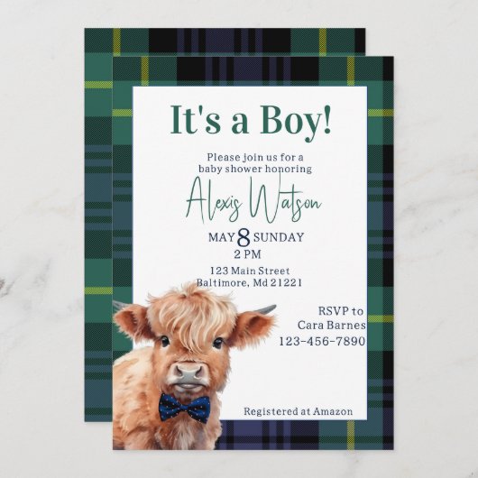 Grüne karierte Hochlandkuh-Babydusche Einladung (Vorne/Hinten)