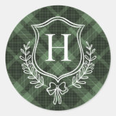 Grüne Karierte Monogramm Erstweihnachtsfeier Runder Aufkleber (Vorderseite)
