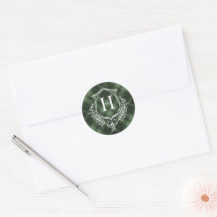Grüne Karierte Monogramm Erstweihnachtsfeier Runder Aufkleber