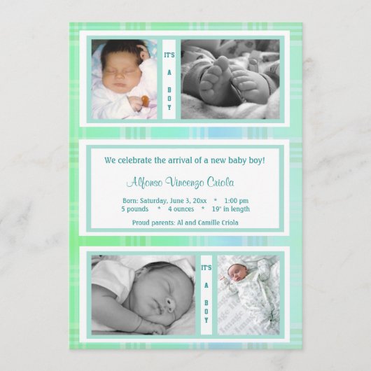 Grüne Karierte Quad Foto Geburtserklärung Ankündigung (Vorderseite)