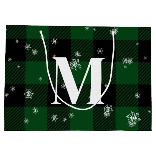 Grüne Karierte und Schneeflocken Monogram, erste W Große Geschenktüte (Rückseite)