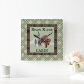 Grüne Karierte Wasserfarbe Bison Buffalo Rustikale Quadratische Wanduhr (Zuhause)