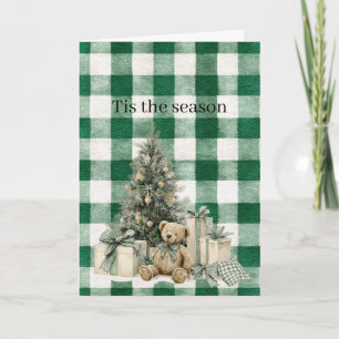 Grüne Karierte Weihnachtsbaum-Teddybär-Geschenke Karte