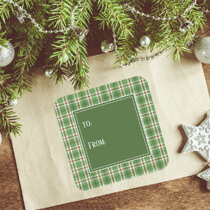 Grüne Karo-Klassiker-Weihnachtsgeschenkanhänger Quadratischer Aufkleber