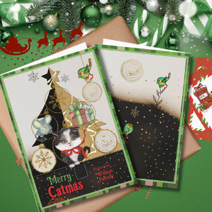 Grüne Karo-Weihnachtskarte mit Katze und geteiltem Feiertagskarte
