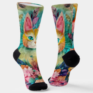 Grüne Katze umgeben von einer Reihe von Blumen Socken