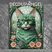 Grüne Katze und Blume - Decoupage_ Seidenpapier