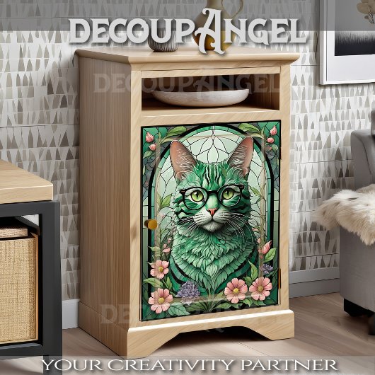 Grüne Katze und Blume - Decoupage_ Seidenpapier