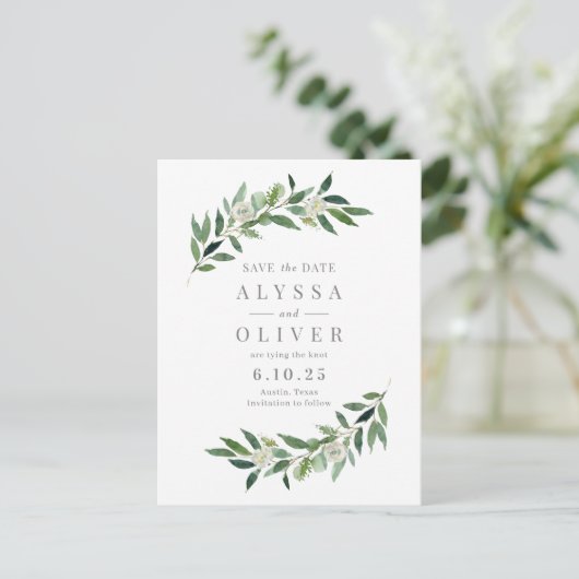 Grüne Kein Foto Save the Date Postkarte (Stehend Vorderseite)