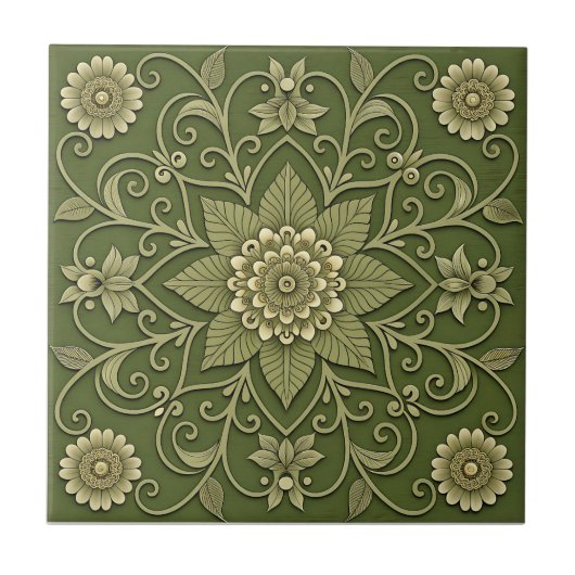 Grüne Keramikfliese mit Blumenmuster (Vorderseite)