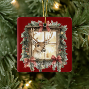 Grüne Kiefer Weihnachts Hirsch im Fenster Keramikornament
