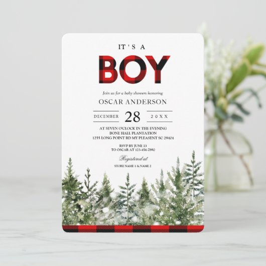 Grüne Kiefernbäume und Rotes Buffalo Kariert in Einladung (Stehend Vorderseite)