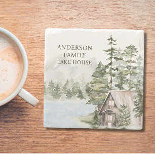 Grüne Kiefernwald-Familien-Seehäuschen-Hütte Steinuntersetzer