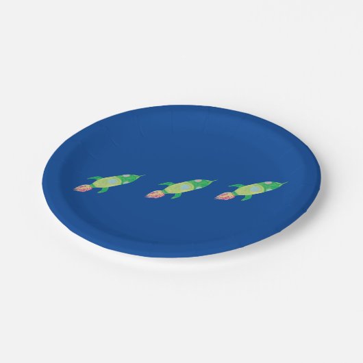 Grüne Kinderraketen Pappteller (Schrägansicht)