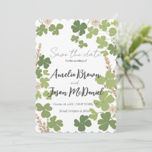 Grüne Kleeblatt-Frühlingswildblumen-Hochzeit Merk Save The Date