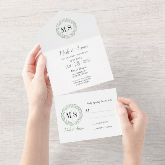 Grüne Kleider-Monogramm Hochzeit in einer Einladun All In One Einladung (Abreißen)