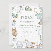 Grüne Kleidung und Spielzeug Kinderdusche Einladun Einladung (Vorderseite)