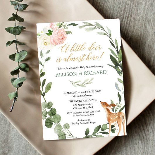 Grüne kleine Hirschpaare Babydusche Rosa Gold Einladung