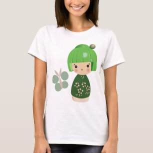 Grüne Kokeshi Dreiergruppe-Spaghetti-Bügel-Spitz T-Shirt