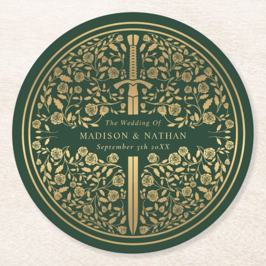 Grüne Königliche Mittelalterliche Hochzeit Runder Pappuntersetzer (Vorderseite)