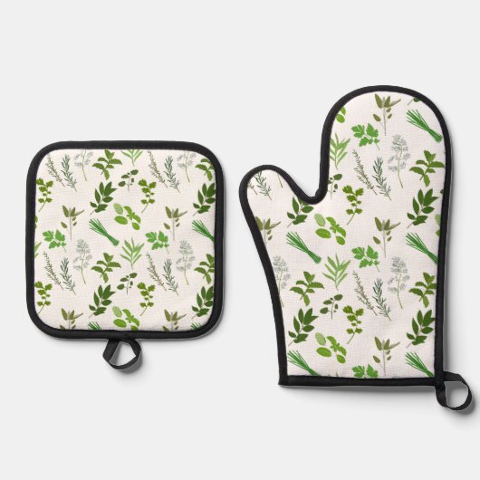 Grüne Küche Kulinarische Kräutergarten Kochen Ofenhandschuh & Topflappen-Set (Vorderseite)