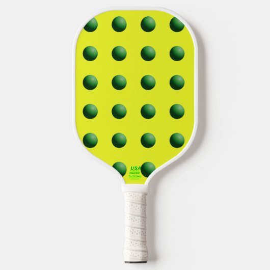 Grüne Kugeln auf Gelb Pickleball Schläger (Vorderseite)