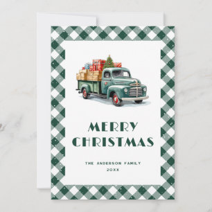 Grüne Lastwagen-Karo-Schneebedeckte-Weihnachtskart Feiertagskarte