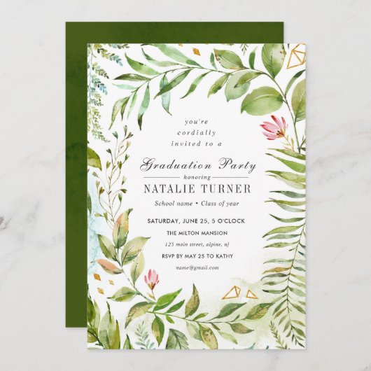 Grüne Laub-Abschluss-mit BlumenParty Einladung (Vorne/Hinten)