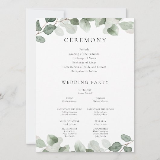 Grüne Leaf Hochzeitsfeier oder Empfang Programm (Rückseite)