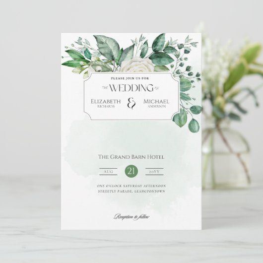 Grüne Leaf Print oder digitale Hochzeit Einladung (Stehend Vorderseite)