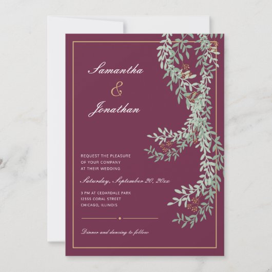 Grüne Leaf-Reben | Cranberry Colored Wedding Einladung (Vorderseite)