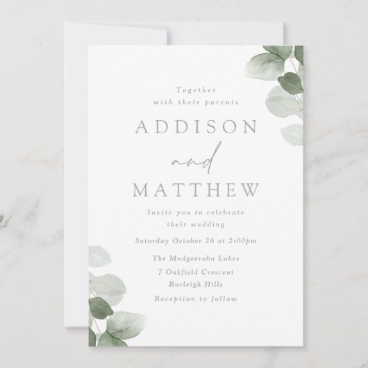 Grüne Leaf Sage Elegante Moderne Hochzeit Einladung (Vorderseite)