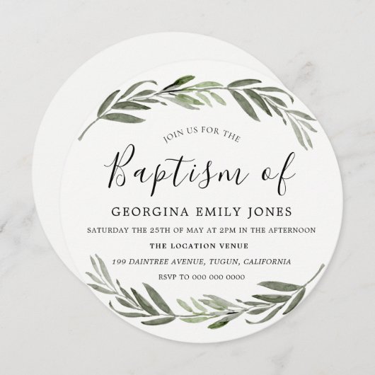 Grüne Leaf Wreath Boy Taufe Einladung (Vorne/Hinten)