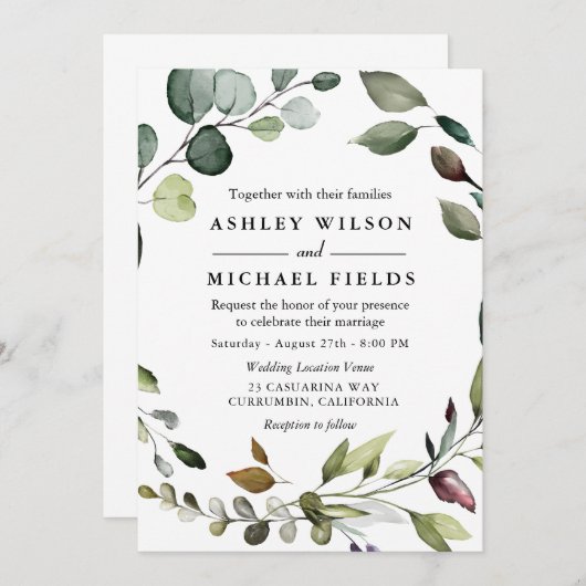 Grüne Leaf Wreath Wasserfarbe Moderne Hochzeit Einladung (Vorne/Hinten)