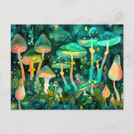 Grüne, leuchtende Pilze in einer Gruppe zur Nacht Postkarte