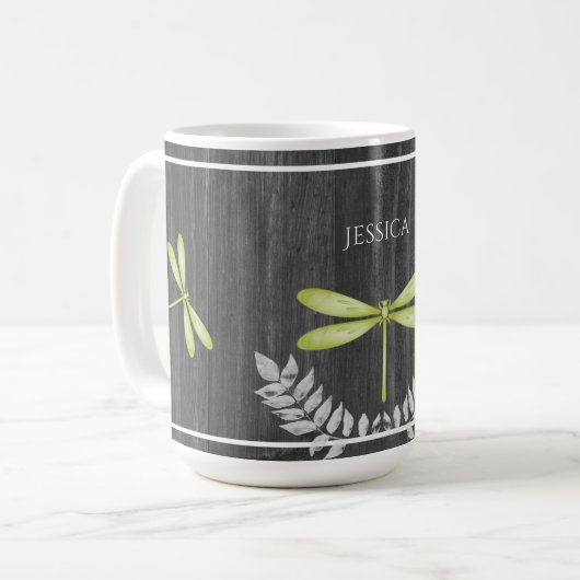 Grüne Libelle Rustikale Personalisierte Kaffee-Tas Kaffeetasse (Vorderseite Links)