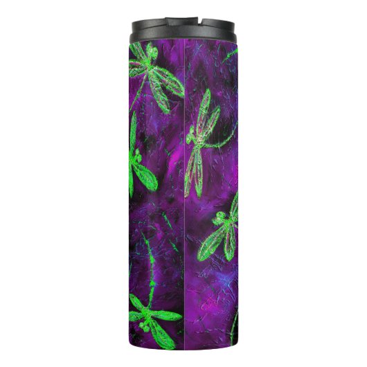 Grüne Libellen auf Hot Pink und Lila Thermosbecher (Rückseite)