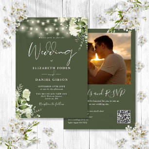 Grüne Lichter QR-Code Foto Olivgrüne Hochzeit Einladung
