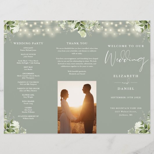Grüne Lichter Sage Grün Dreifaltiges Hochzeitsprog Flyer (Vorne)