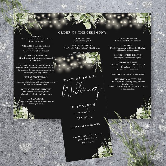Grüne Lichterketten Hochzeitsprogramm Trifold