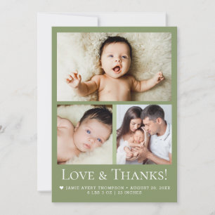 Grüne Liebe & Dank Baby Foto Geburtsankündigung Dankeskarte