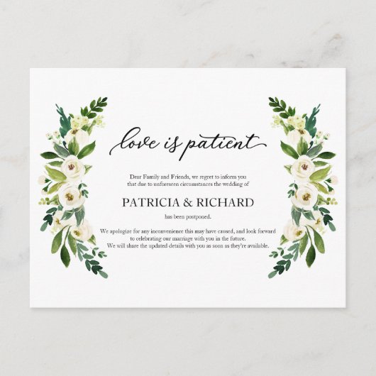 Grüne Liebe ist geduldiges Hochzeitsaufschub Postkarte (Vorderseite)