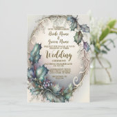 Grüne Lila Blätter zum Hochzeitsfeiern Einladung (Stehend Vorderseite)