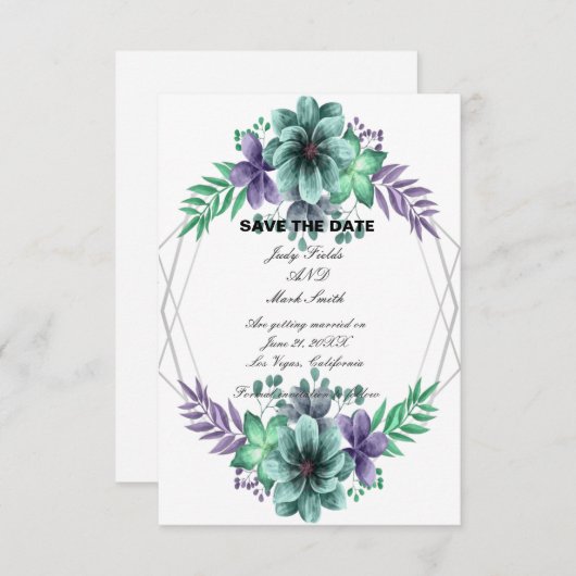 Grüne Lila Blumenkarte Save the Date (Vorne/Hinten)