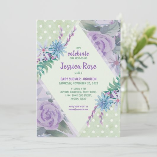 Grüne Lila Blumenwasserfarbe Kinderdusche Einladung (Stehend Vorderseite)